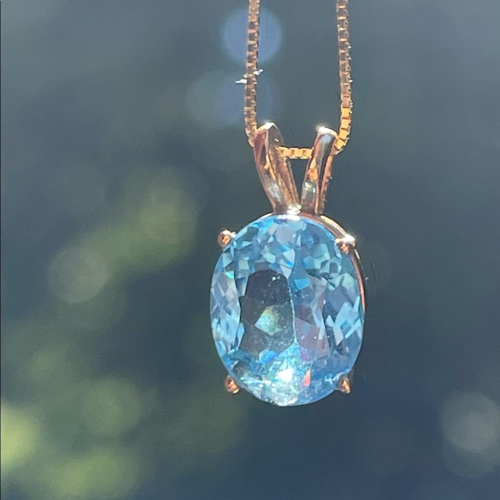 Solid 14k Yellow Gold Oval Cut Swiss Blue Topaz Pendant